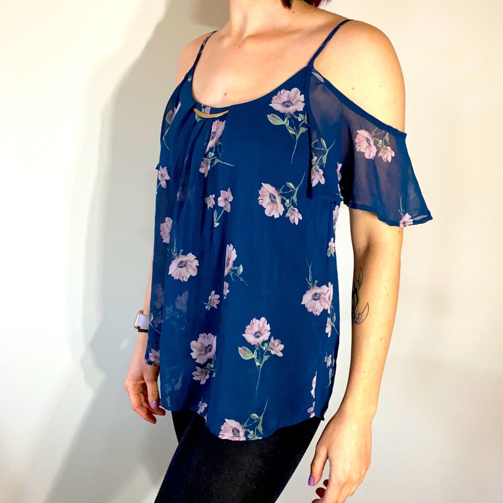 Navy Chiffon Off Shoulder Floral Blouse
